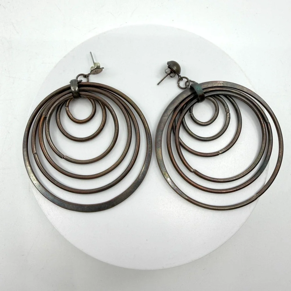 Copper Tone Concentric Multi Hoop Dangle Earrings Boho Artisan Statement Gift